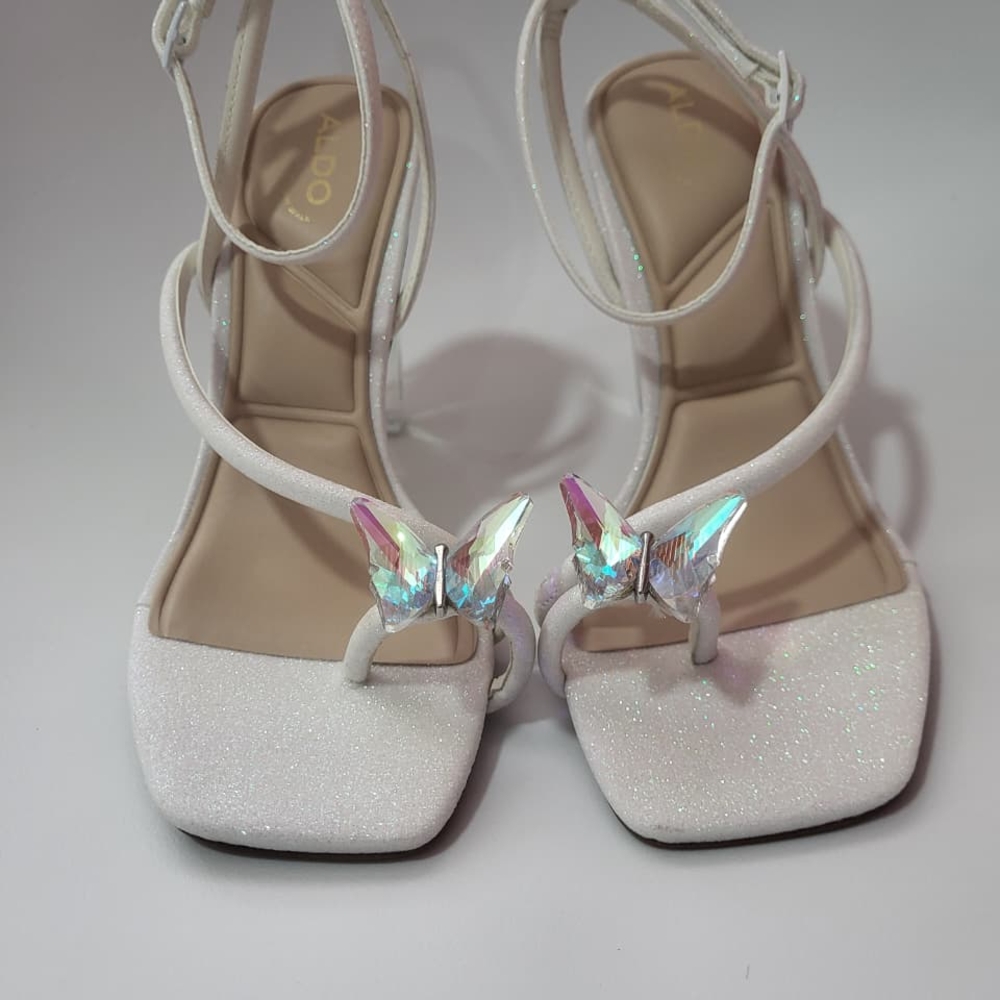 Aldo White Square-Toe Heels with Butterfly Detail